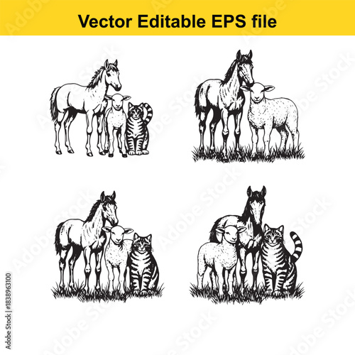  farm animals horses, sheep, and cats together on white background, vector editable eps file