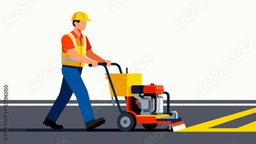 Worker using pavement marking machine to paint lines on road  