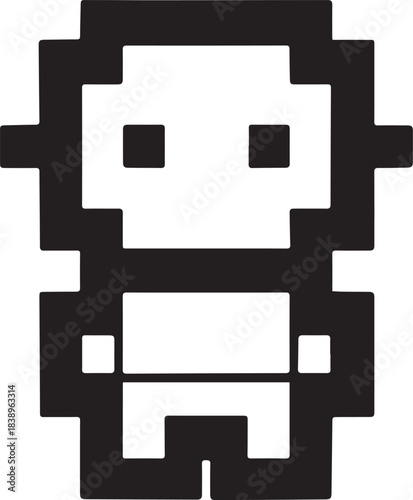 A pixelated, minimalist character stands as a symbol of early video game graphics.  Stripped down to basic shapes in monochrome, this illustration conveys a sense of retro charm.