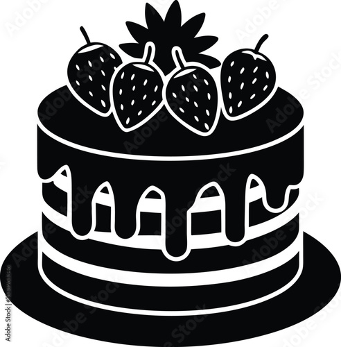 Vector illustration of a delicious chocolate birthday cake with cherries and cream