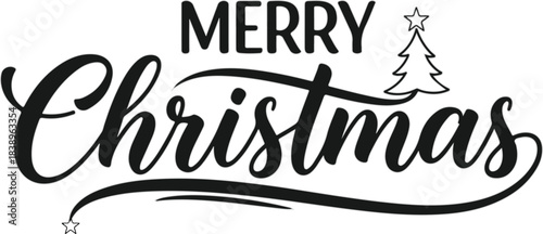 Holiday typography for greeting cards, t-shirts, and vector cute decorated star pine tree icon with hand drawn calligraphy lettering Merry Christmas.eps