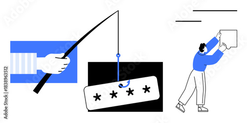 Phishing prevention. A hook capturing password symbols s phishing risks, emphasizing cybersecurity. Phishing detection safeguards sensitive information. Useful for digital security, IT solutions