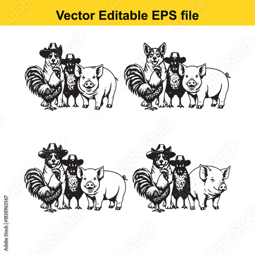  farm animals group rooster, pig, and dog wearing hats, vector editable eps file