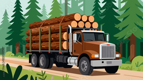 Logging truck loaded with logs driving on a forest road  