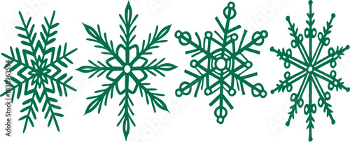 Set of elegant green snowflakes with intricate designs, isolated vector illustration on no background, perfect for festive and winter-themed projects.
