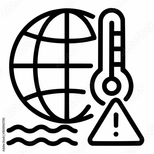 Line icon of a globe with thermometer and warning icon, black on white, square minimalist style