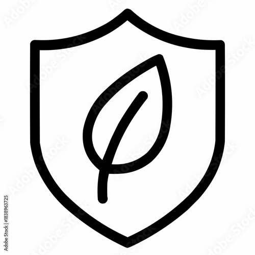 Line icon of a shield with leaf — environmental protection, black on white, square minimalist style