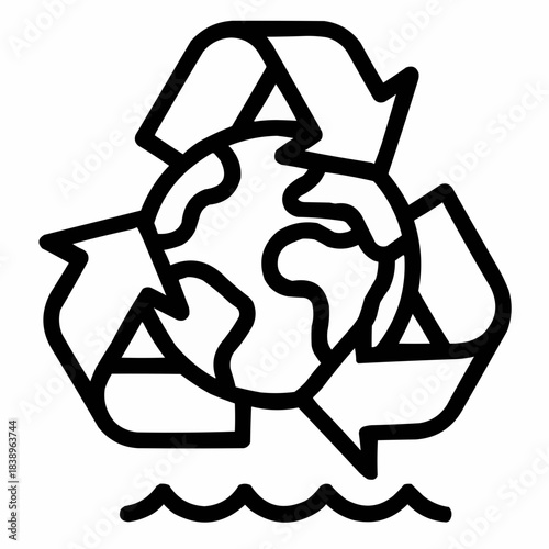 Line icon of a recycling symbol around Earth, black on white, square minimalist style