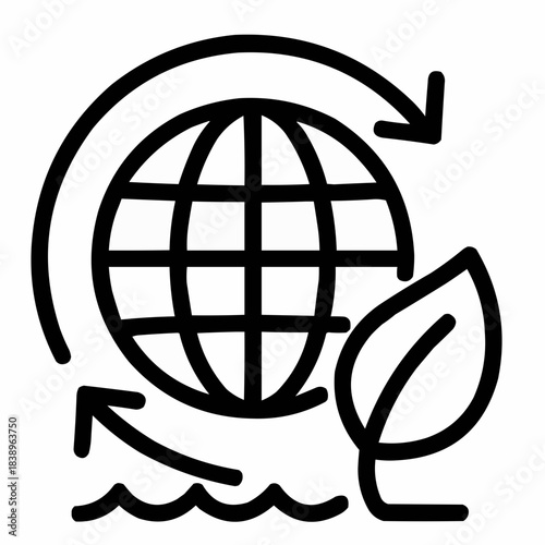Line icon of a globe with arrows and leaf — sustainability, black on white, square minimalist style