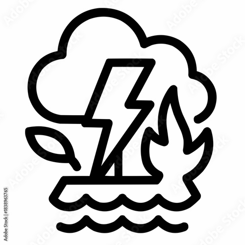 Line icon of a cloud with lightning and flood waves — extreme weather, black on white, square minimalist style