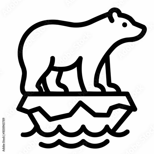 Line icon of a polar bear on shrinking ice, black on white, square minimalist style