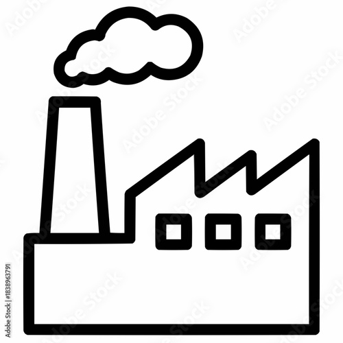 Line icon of a factory emitting smoke into atmosphere, black on white, square minimalist style