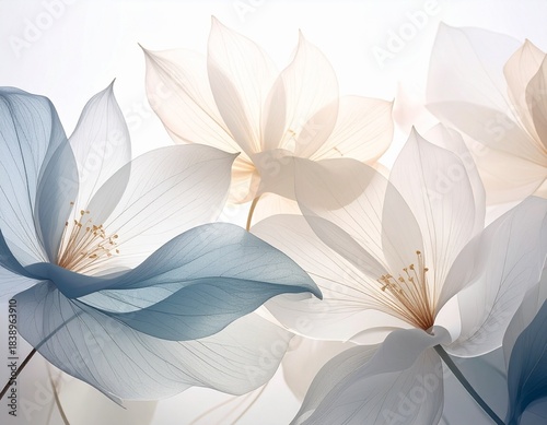 Semi-transparent, delicate silky flowers, petals overlapping, white background. Beautiful artistic floral wallpaper.