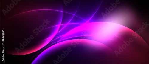 Abstract design features vibrant curves, glowing lines. Purple, magenta hues dominate dark background. Dynamic composition creates energy.