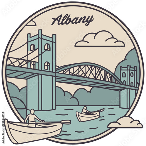 Albany River Bridge Scene – Vintage Circular Georgia Illustration