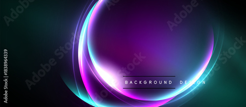 Abstract neon lights form oval shape. Dark background contrasts vibrant purple, teal hues. Design suggests energy, modern aesthetic.