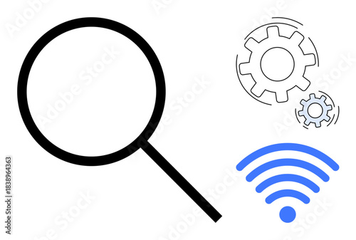 Data analysis, technical solutions, wireless networking, system optimization, connectivity, internet technology. Magnifying glass, gears and wireless symbol. Data analysis and wireless networking