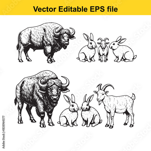  buffalo and rabbits vector illustration