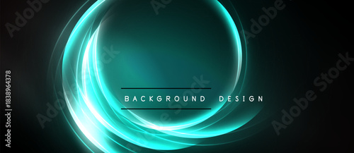 Dark backdrop features glowing turquoise swirls. Circular shapes create dynamic visual effect. Text reads background design. Minimalist, modern aesthetic.