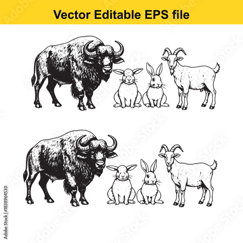  buffalo, rabbits, and goat illustration