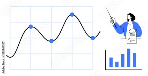 Person presenting analysis with a line graph and bar chart, highlighting trends and data points. Ideal for analytics, research, business, education, presentations, strategy reports. Simple flat