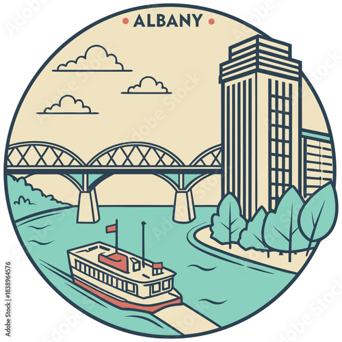 Albany River and Bridge with Ferry – City Waterfront Georgia Illustration