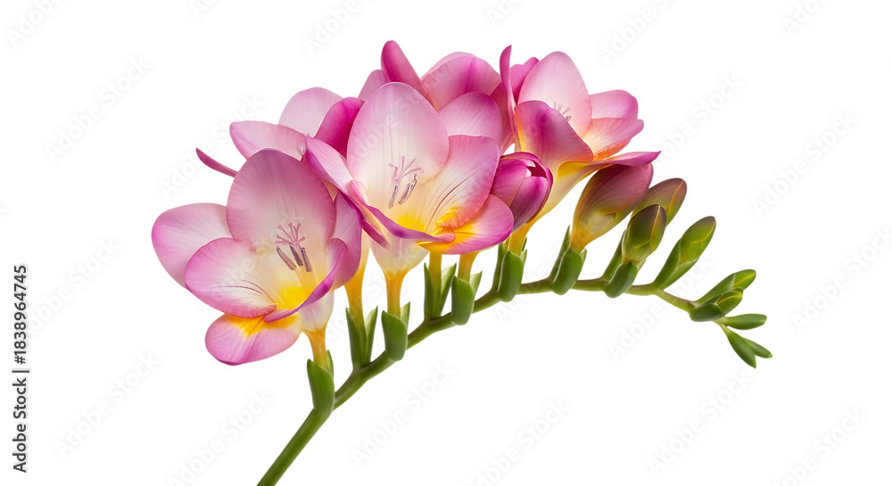 Obraz premium Delicate pink and yellow freesia flowers with green stems and buds isolated on a transparent background
