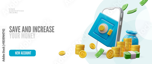 3D banner with a smartphone, safe, bills, and coins.