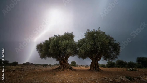 A symbolic and dramatic scene showing two olive trees standing side by side beneath a powerful lightning-filled sky. The image conveys spiritual meaning, strength, and prophecy