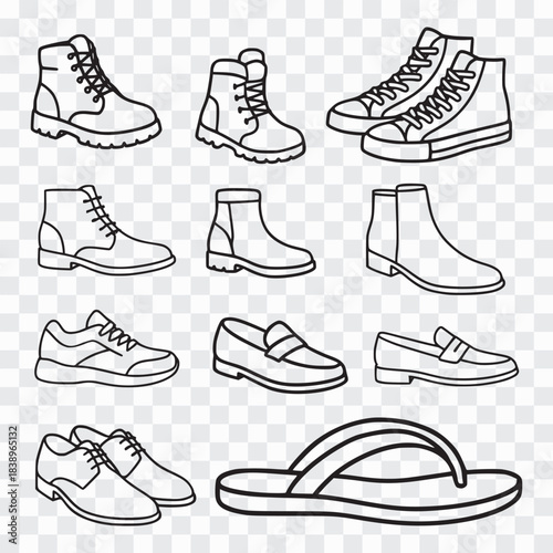 Monochrome Line Art Shoe Collection and Minimalist Footwear Illustration Set, Black and White Shoe Outline Vector – Fashion Footwear Line Art, Sneaker and Shoe Outline Set – Stylish Line Art Designs
