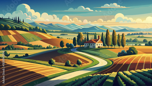 Very beautiful vintage-style hand-drawn landscape featuring ploughed fields, a winding rural road, distant tree, and expressive sky, capturing classic countryside charm with traditional engraving line
