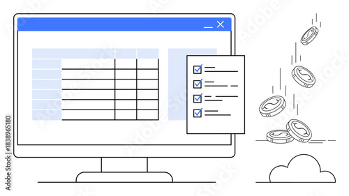 Digital finance, investment tools, online accounting, financial management, profitability analysis, budgeting tools. Monitor with spreadsheet, checklist and falling coins. Financial management