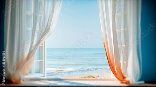白いシアーなカーテンが窓の両端に寄せられ、その向こうに鮮やかな青い海と空が広がる光景の動画。下部には、窓枠と砂浜の一部が見えており、光を透過するカーテンの質感が開放感と清潔感を強調。