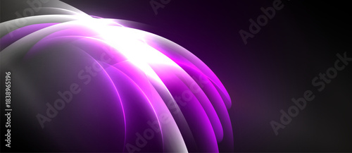 Abstract purple light forms curved shapes. Bright glow emanates from center, fading into darkness. Smooth gradients create dynamic visual effect.