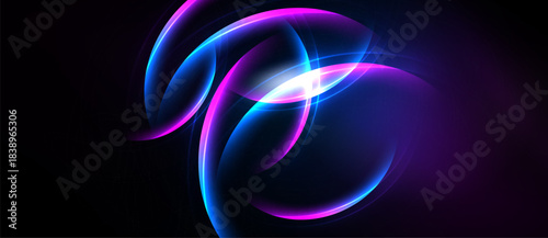 Abstract neon swirls, vibrant pinks, blues blend. Dynamic light creates flowing shapes against dark background. Modern design.
