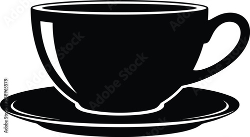 Black and white silhouette vector illustration of teacup on saucer for kitchenware, beverage, cafe, minimal design, and decor themes.
