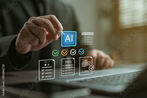Schilderij op canvas Businessman validating AI policy documents with checklist and approval marks