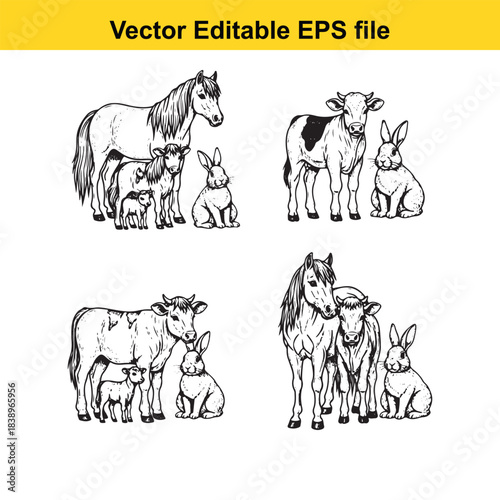  farm animals horse, cow, sheep, rabbit family, vector editable eps file