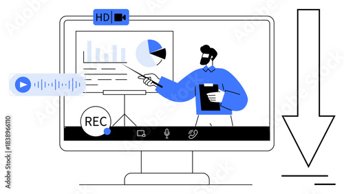 Business communication, virtual meetings, digital collaboration, remote learning, data presentation, content creation. A man presenting analytics on a screen with charts and recording symbols