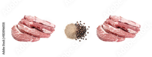 Raw Pork Steak Set – Fresh Meat Cuts with Pepper – on Transparent Background. High-quality raw pork steak illustration featuring fresh cuts with pepper. Ideal for food packaging, butcher shops, ads ..