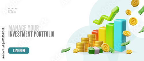 Growth arrow chart with money cash, Manage investment portfolio, Increase your income 3D vector banner, coins bills