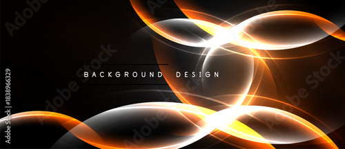 Abstract design features glowing orange, white lines against dark background. Modern, dynamic composition creates visual interest.