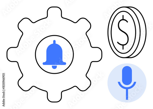 Technology, finance, voice recognition, automation, app design, productivity tools. Image features gear with bell, microphone icon and dollar coin. Technology and finance concept