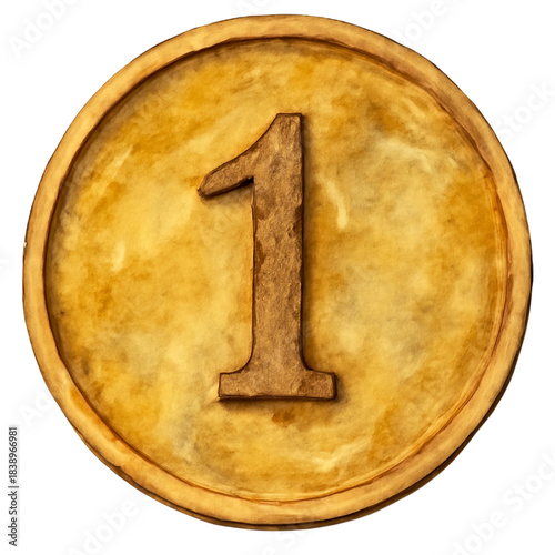 Golden Coin of Value: A single golden coin, bearing the numeral 1, gleams with a sense of worth and signifies the beginning of something significant.