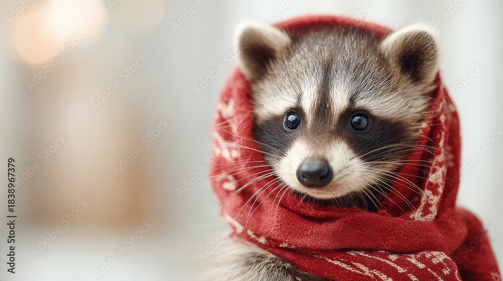 Obraz premium Adorable baby raccoon wrapped in a cozy red scarf, showcasing large bright eyes and a cute face, creating a charming and heartwarming winter atmosphere in a soft setting.