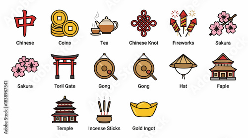 Set of Traditional East Asian Cultural Icons and Symbols for Holiday Design