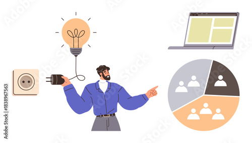 Male character plugs into socket powering a light bulb, indicating idea generation or energy flow. Includes laptop and pie chart. Ideal for creativity, teamwork, innovation, strategy, technology