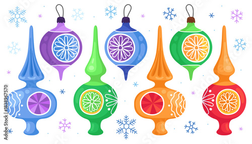 Collection of colorful vintage New Year's toys. Colorful New Year's toys, balls, icicles. Christmas tree decor. Cute cartoon illustrations.