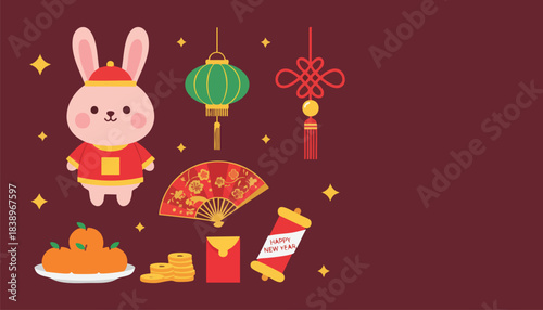 Cute Rabbit Mascot with Traditional Asian Holiday Decorations