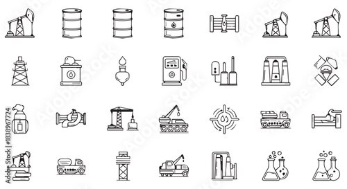 Collection of industrial and construction icons, isolated on transparent background